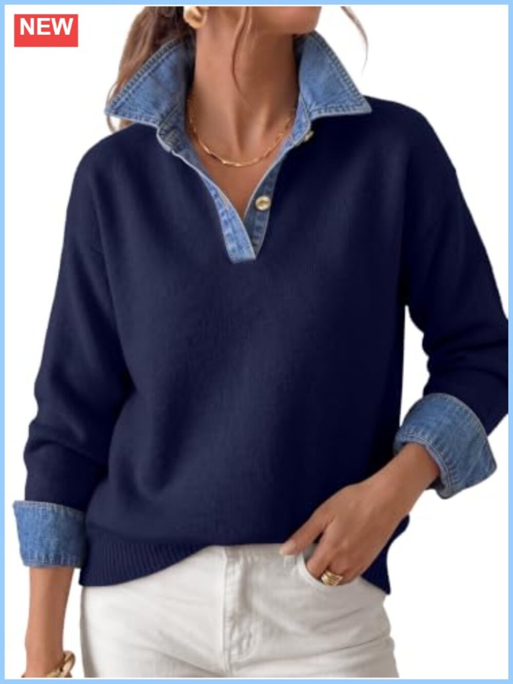 V Neck Sweater with Denim Collar Contrast Trim Knit Pullover Women